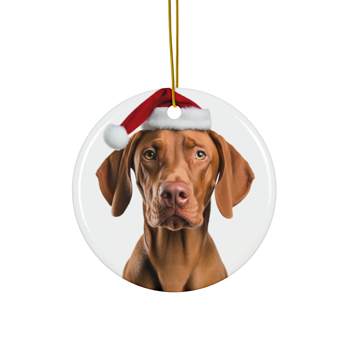 DistinctInk Hanging Ceramic Christmas Tree Ornament with Gold String - Great Gift/Present - 2 3/4 inch Diameter - Vizsla Design