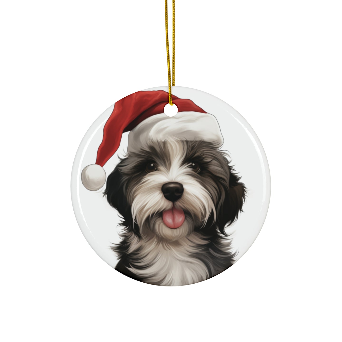 DistinctInk Hanging Ceramic Christmas Tree Ornament with Gold String - Great Gift/Present - 2 3/4 inch Diameter - Tibetan Terrier Puppy Drawing Design