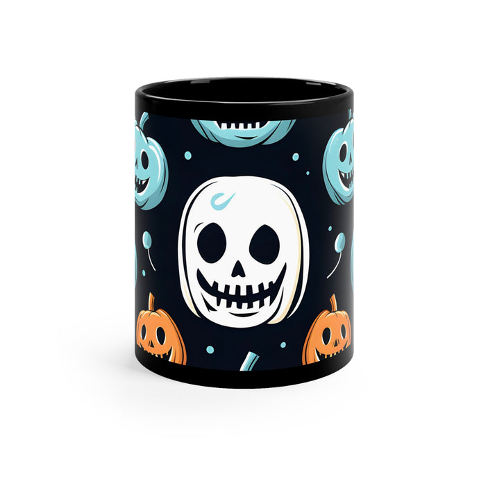DistinctInk Black Coffee Mug - Skele-Ghostly Pumpkin Patch for Halloween