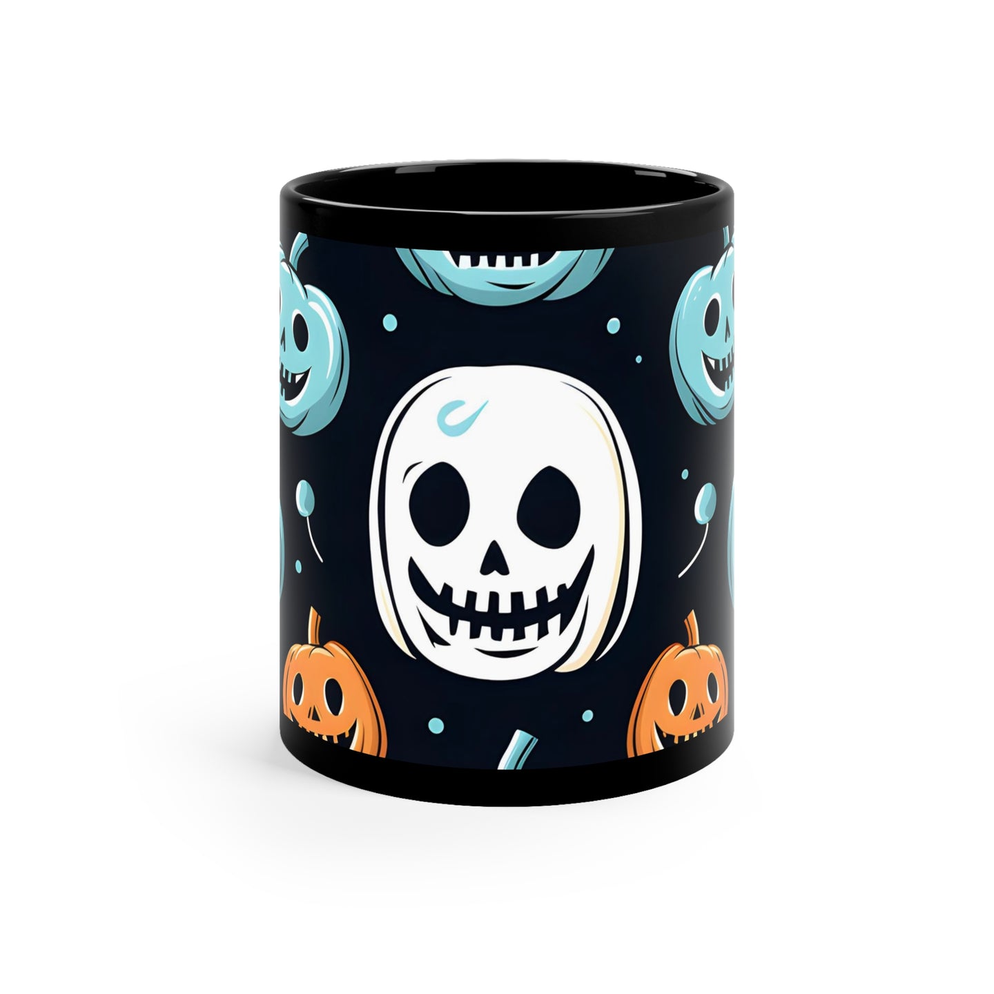 DistinctInk Black Coffee Mug - Skele-Ghostly Pumpkin Patch for Halloween