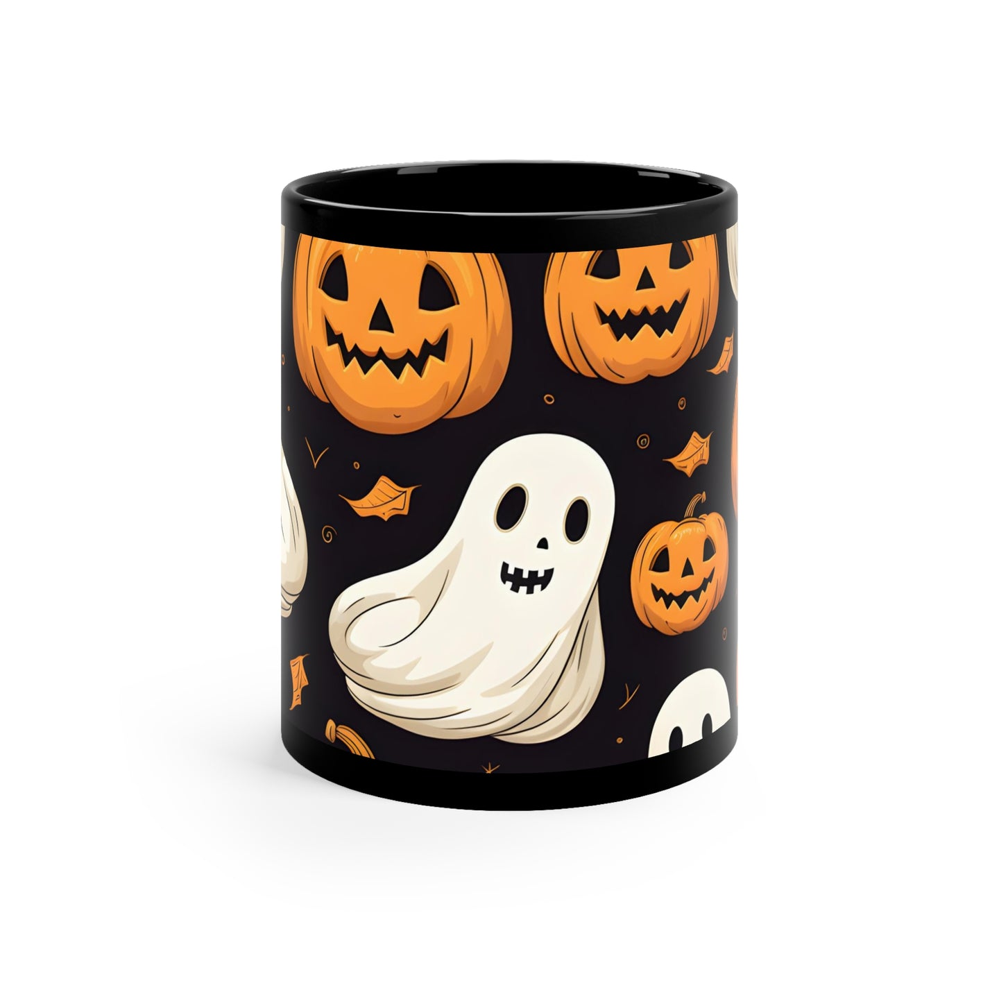 DistinctInk Black Coffee Mug - Ghastly Skeleton Pumpkin Party for Halloween