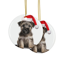 DistinctInk Hanging Ceramic Christmas Tree Ornament with Gold String - Great Gift/Present - 2 3/4 inch Diameter - American Hairles Terrier Puppy Design
