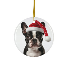 DistinctInk Hanging Ceramic Christmas Tree Ornament with Gold String - Great Gift/Present - 2 3/4 inch Diameter - Boston Terrier Design