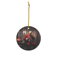 DistinctInk Hanging Ceramic Christmas Tree Ornament Charm with Gold String - Great Gift/Present - 2 3/4 inch Diameter - Trump's Festive Christmas in Jail