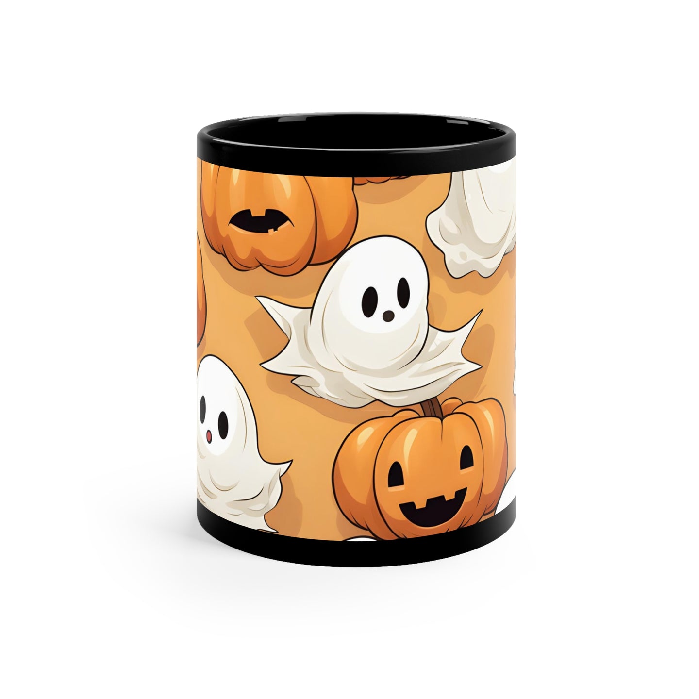 DistinctInk Black Coffee Mug - Ghostly Skeleton Pumpkin Patch for Halloween