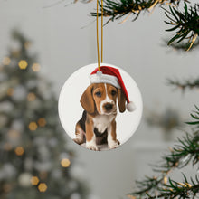 DistinctInk Hanging Ceramic Christmas Tree Ornament with Gold String - Great Gift/Present - 2 3/4 inch Diameter - English Foxhound Puppy Design