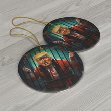 DistinctInk Hanging Ceramic Christmas Tree Ornament Charm with Gold String - Great Gift/Present - 2 3/4 inch Diameter - Trump Celebrates Christmas in Jail