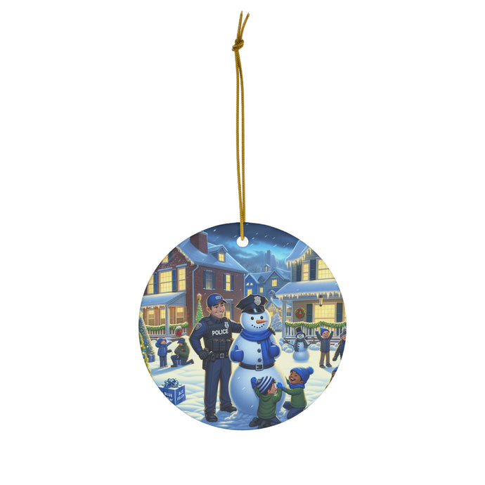 DistinctInk Hanging Ceramic Christmas Tree Ornament Charm with Gold String - Great Gift/Present - 2 3/4 inch Diameter - Neighborhood Blue Holiday - Blue Lives Matter