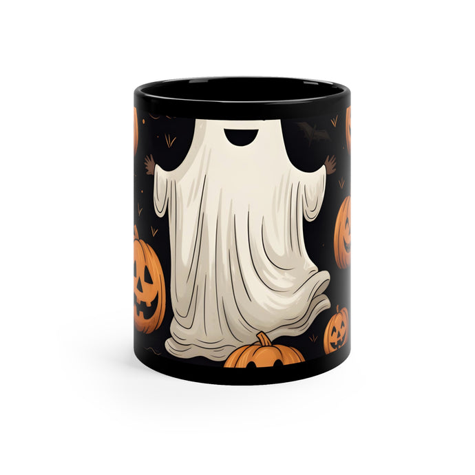 DistinctInk Black Coffee Mug - Ghastly Skeleton Pumpkin for Halloween
