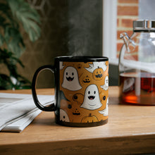 DistinctInk Black Coffee Mug - Ghoulish Bats and Pumpkins for Halloween
