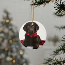 DistinctInk Hanging Ceramic Christmas Tree Ornament with Gold String - Great Gift/Present - 2 3/4 inch Diameter - Flat-Coated Retriever Puppy Design