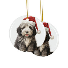DistinctInk Hanging Ceramic Christmas Tree Ornament with Gold String - Great Gift/Present - 2 3/4 inch Diameter - Bergamasco Sheepdog Puppy Drawing Design