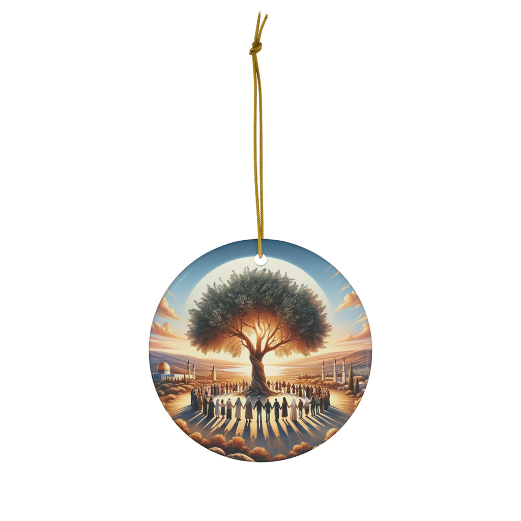 Hanging Ceramic Christmas Tree Ornament Charm with Gold String - Olive Branch of Unity