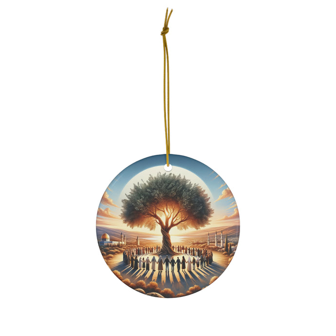 DistinctInk Hanging Ceramic Christmas Tree Ornament Charm with Gold String - Great Gift/Present - 2 3/4 inch Diameter - Olive Branch of Unity