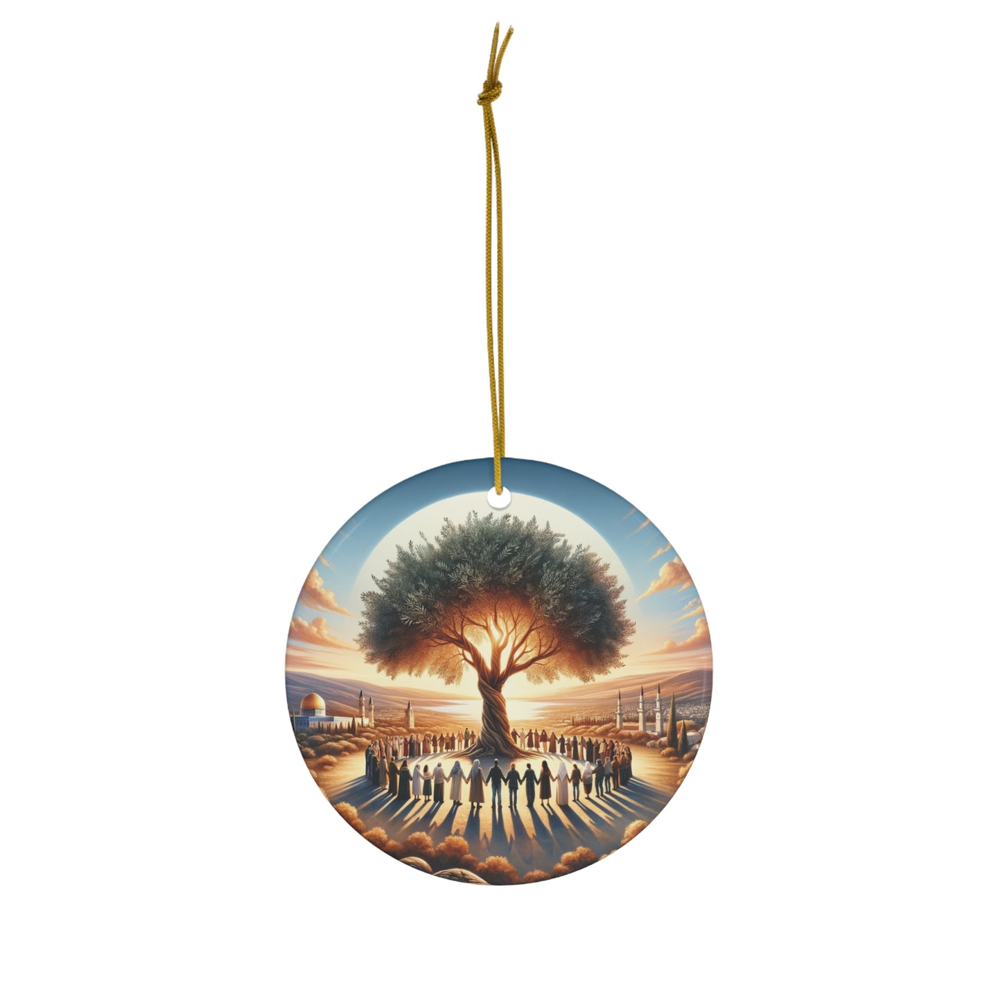 DistinctInk Hanging Ceramic Christmas Tree Ornament Charm with Gold String - Great Gift/Present - 2 3/4 inch Diameter - Olive Branch of Unity