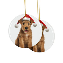 DistinctInk Hanging Ceramic Christmas Tree Ornament with Gold String - Great Gift/Present - 2 3/4 inch Diameter - Lakeland Terrier Puppy Design
