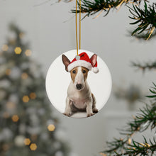 DistinctInk Hanging Ceramic Christmas Tree Ornament with Gold String - Great Gift/Present - 2 3/4 inch Diameter - Miniature Bull Terrier Design