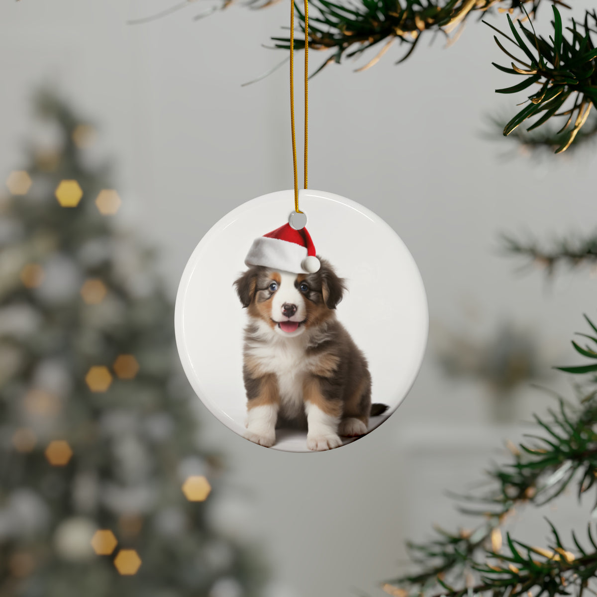 Hanging Ceramic Christmas Tree Ornament with Gold String - Australian Shepherd Puppy Design, view 3