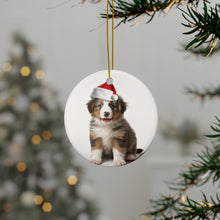 DistinctInk Hanging Ceramic Christmas Tree Ornament with Gold String - Great Gift/Present - 2 3/4 inch Diameter - Australian Shepherd Puppy Design