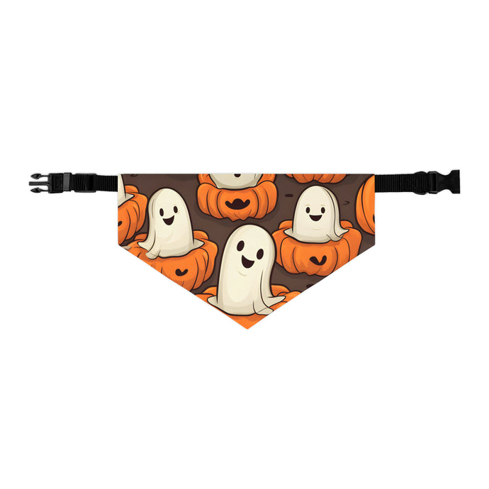 DistinctInk Adjustable Pet Banana Collar with Haunted Skeleton Pumpkin Patch Design for Halloween