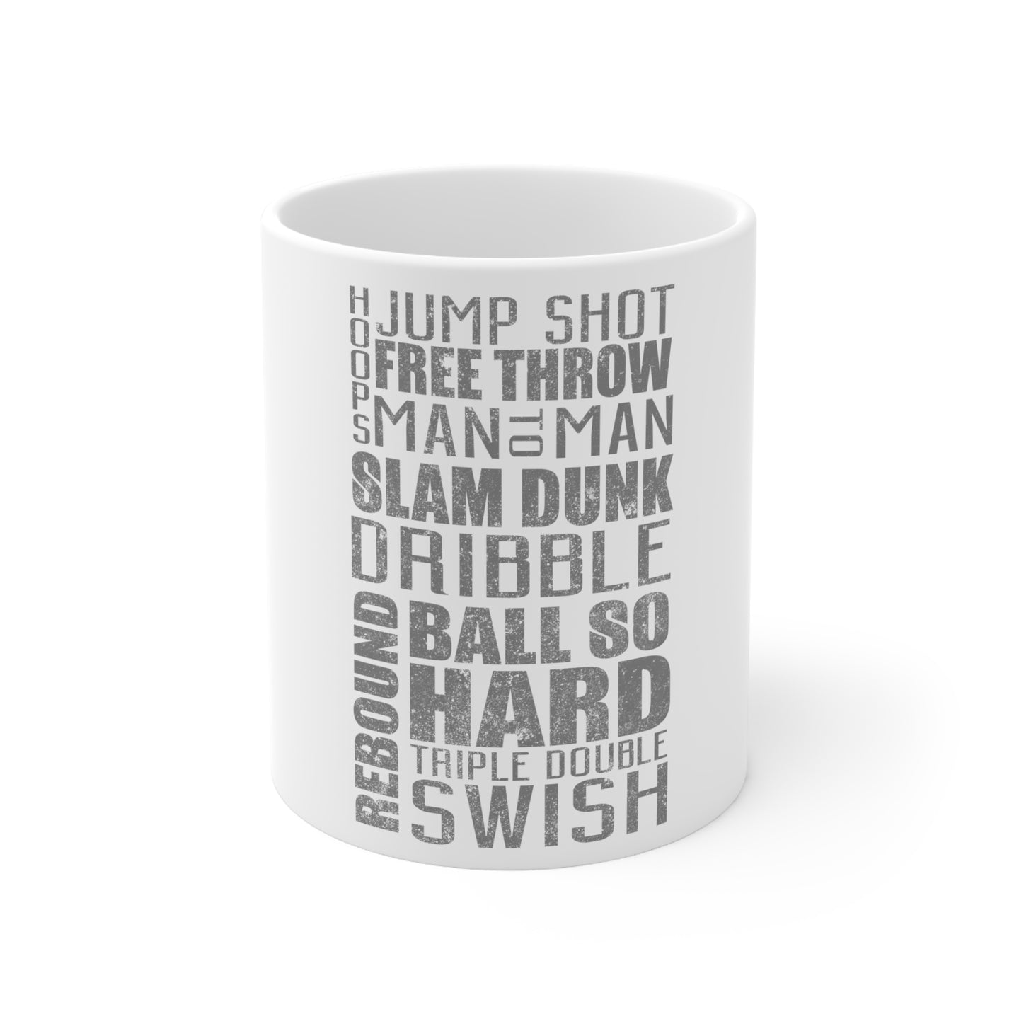 DistinctInk Glossy White Coffee / Tea Mug - Basketball Word Art Jump Shot Free Throw