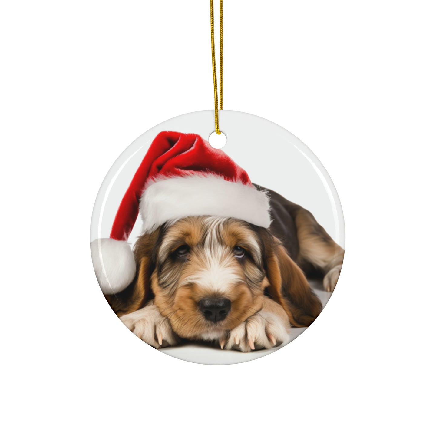 DistinctInk Hanging Ceramic Christmas Tree Ornament with Gold String - Great Gift/Present - 2 3/4 inch Diameter - Grand Basset Griffon Vendéen Puppy Design