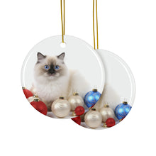DistinctInk Hanging Ceramic Christmas Tree Ornament with Gold String - Great Gift/Present - 2 3/4 inch Diameter - Birman Cat Design
