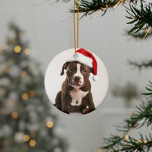 DistinctInk Hanging Ceramic Christmas Tree Ornament with Gold String - Great Gift/Present - 2 3/4 inch Diameter - American Staffordshire Terrier Puppy Design