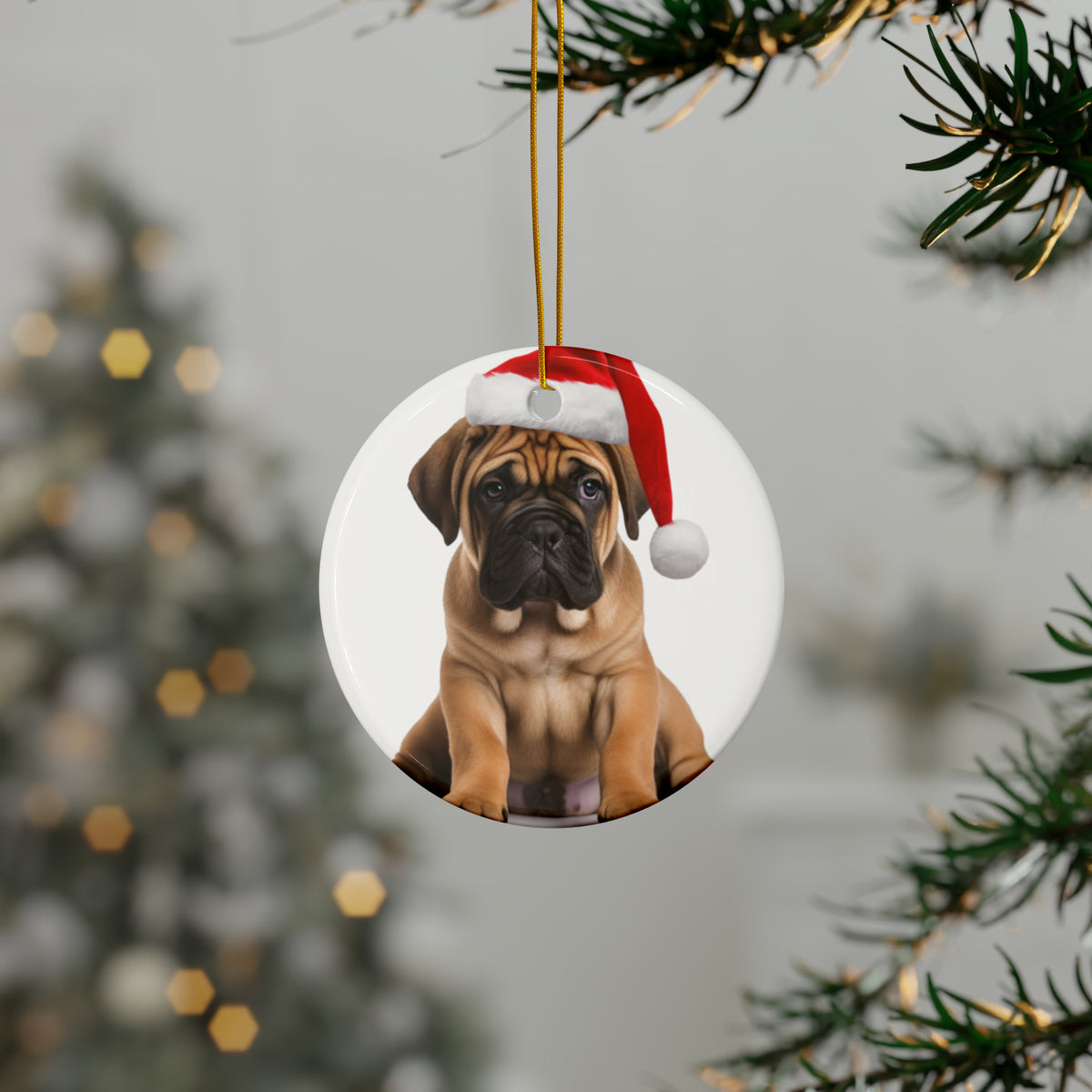 Hanging Ceramic Christmas Tree Ornament with Gold String - Boerboel Puppy Design, view 3