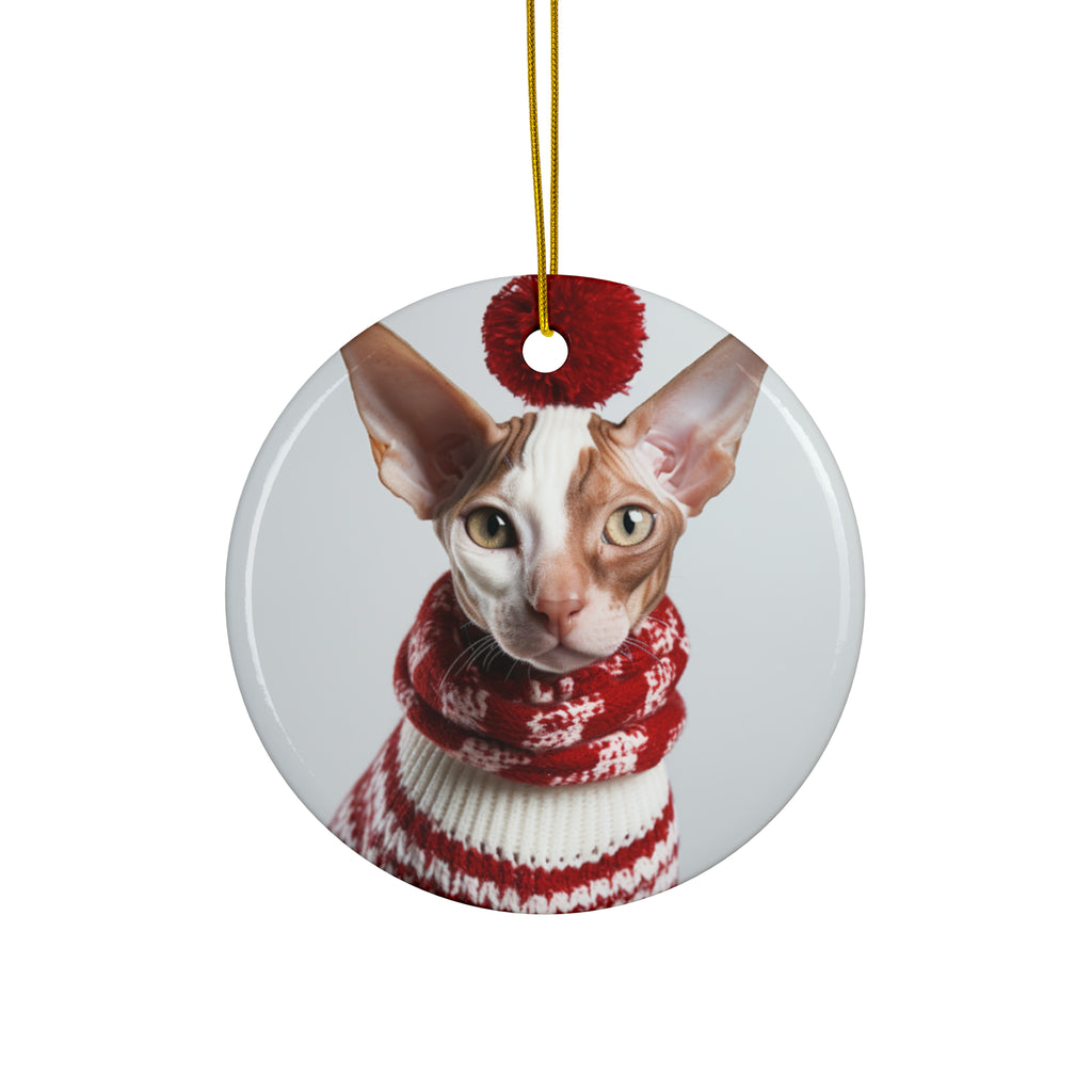 Hanging Ceramic Christmas Tree Ornament with Gold String - Cornish Rex Cat Design
