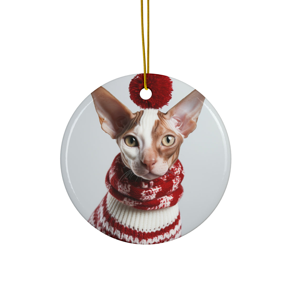 Hanging Ceramic Christmas Tree Ornament with Gold String - Cornish Rex Cat Design