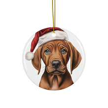 DistinctInk Hanging Ceramic Christmas Tree Ornament with Gold String - Great Gift/Present - 2 3/4 inch Diameter - Redbone Coonhound Puppy Drawing Design