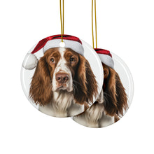 DistinctInk Hanging Ceramic Christmas Tree Ornament with Gold String - Great Gift/Present - 2 3/4 inch Diameter - Welsh Springer Spaniel Design