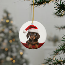 DistinctInk Hanging Ceramic Christmas Tree Ornament with Gold String - Great Gift/Present - 2 3/4 inch Diameter - Dachshund Puppy Design