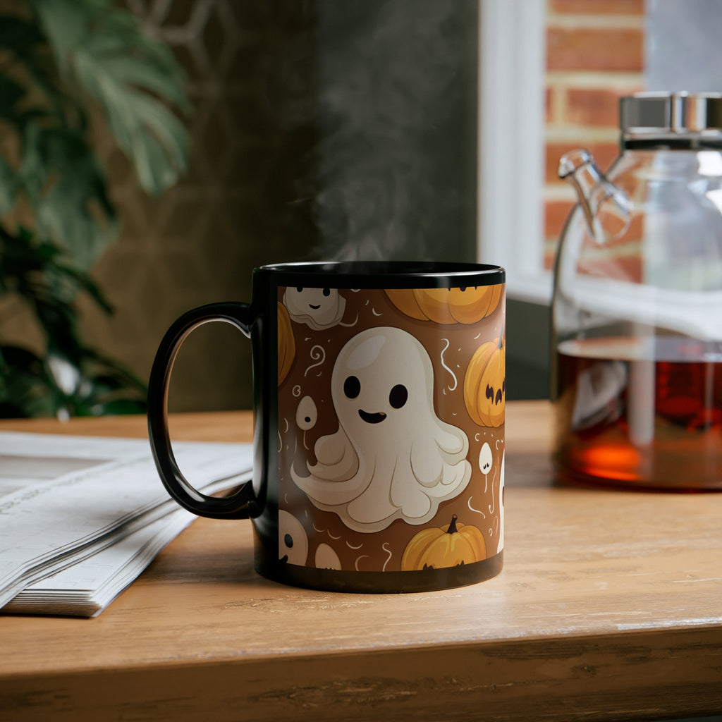 Black Coffee Mug - Ghastly Skeleton Pumpkin Cartoon for Halloween, view 6