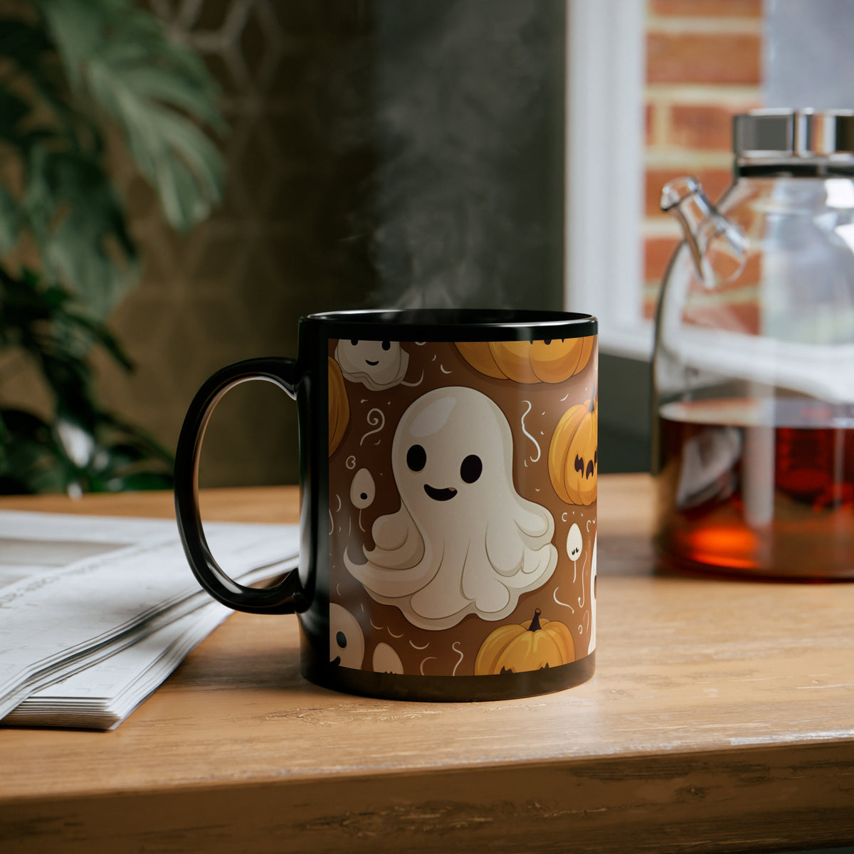 Black Coffee Mug - Ghastly Skeleton Pumpkin Cartoon for Halloween, view 6