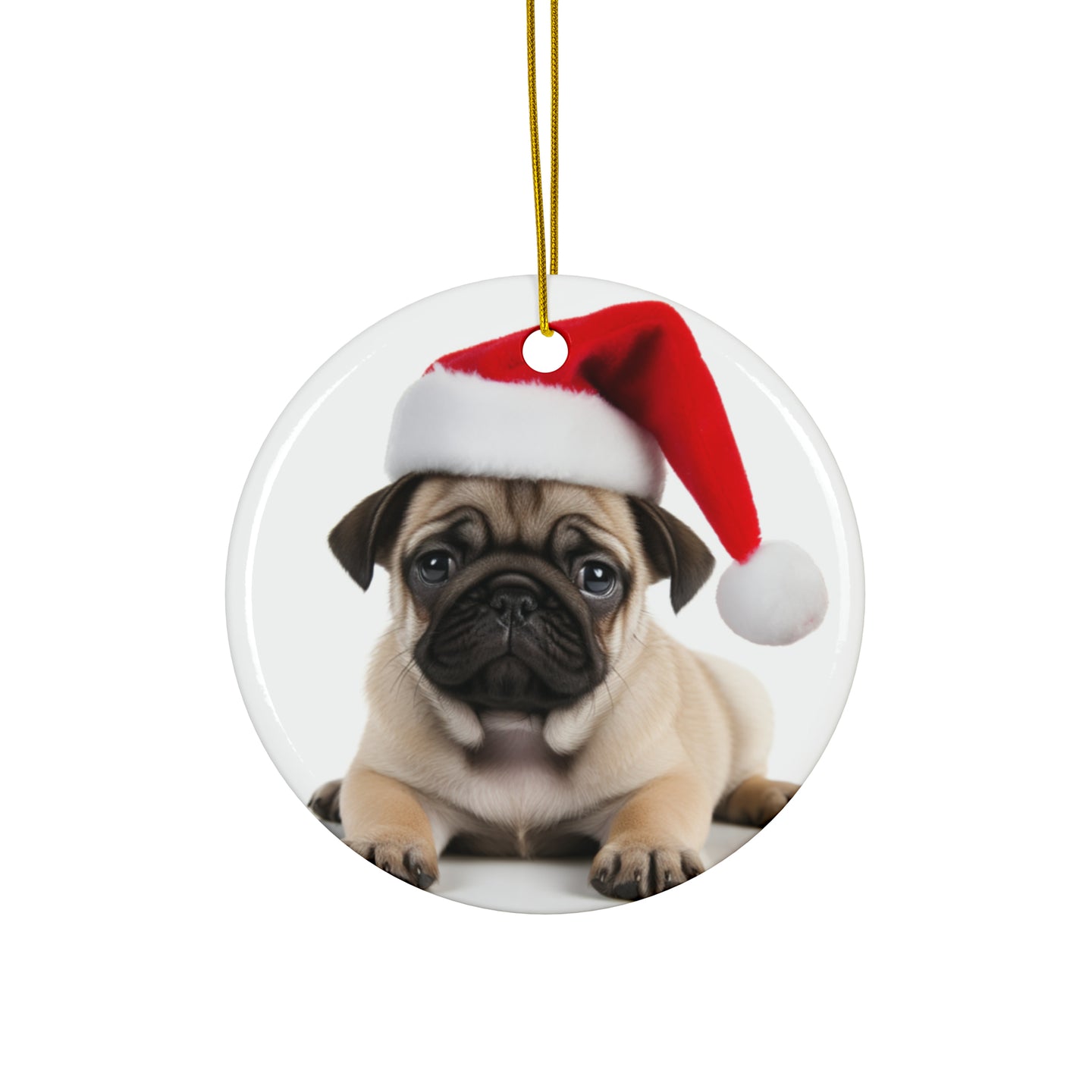 DistinctInk Hanging Ceramic Christmas Tree Ornament with Gold String - Great Gift/Present - 2 3/4 inch Diameter - Pug Puppy Design