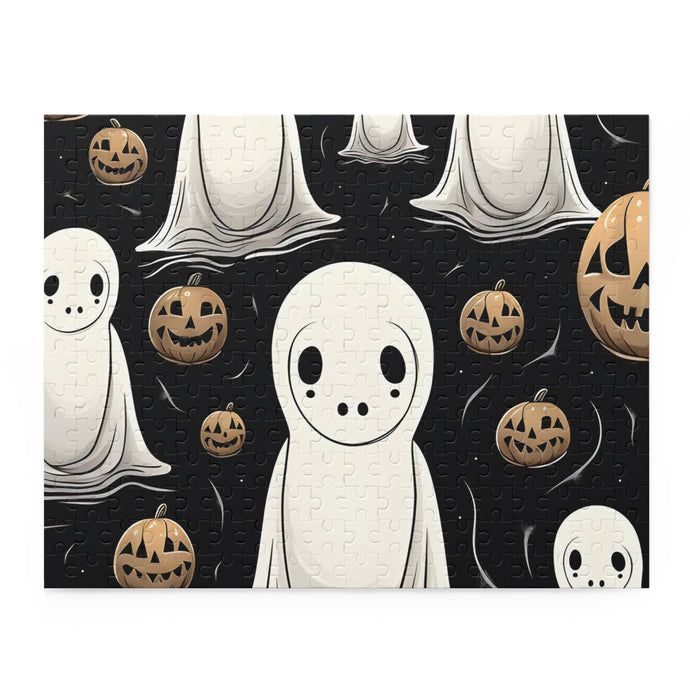 DistinctInk Jigsaw Puzzle with Ghostly Skeleton and Pumpkin Design for Halloween