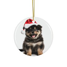 DistinctInk Hanging Ceramic Christmas Tree Ornament with Gold String - Great Gift/Present - 2 3/4 inch Diameter - Finnish Lapphund Puppy Design
