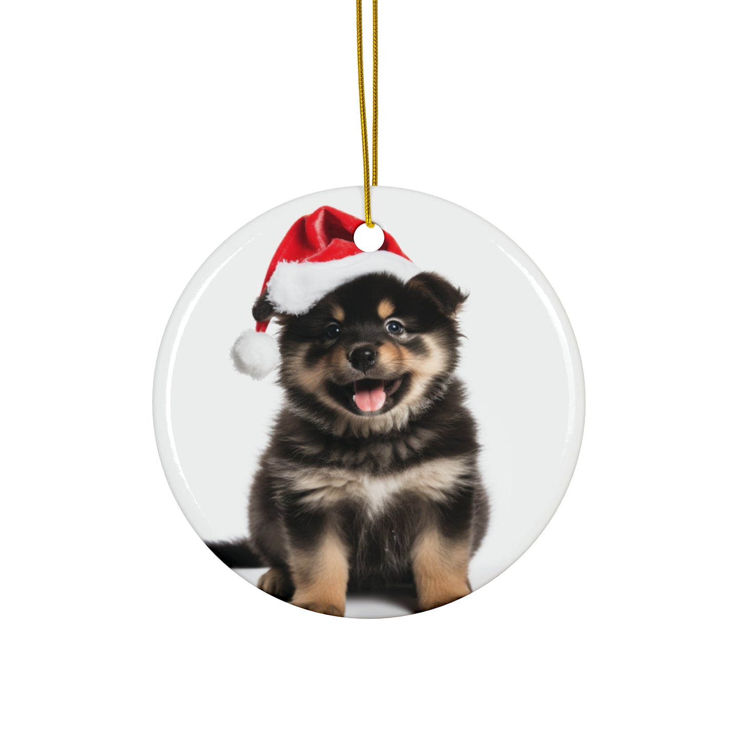 DistinctInk Hanging Ceramic Christmas Tree Ornament with Gold String - Great Gift/Present - 2 3/4 inch Diameter - Finnish Lapphund Puppy Design