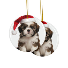DistinctInk Hanging Ceramic Christmas Tree Ornament with Gold String - Great Gift/Present - 2 3/4 inch Diameter - Shih Tzu Puppy Design