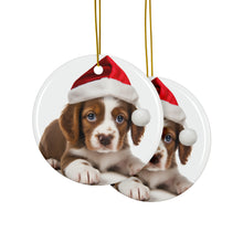 DistinctInk Hanging Ceramic Christmas Tree Ornament with Gold String - Great Gift/Present - 2 3/4 inch Diameter - Brittany Puppy Design