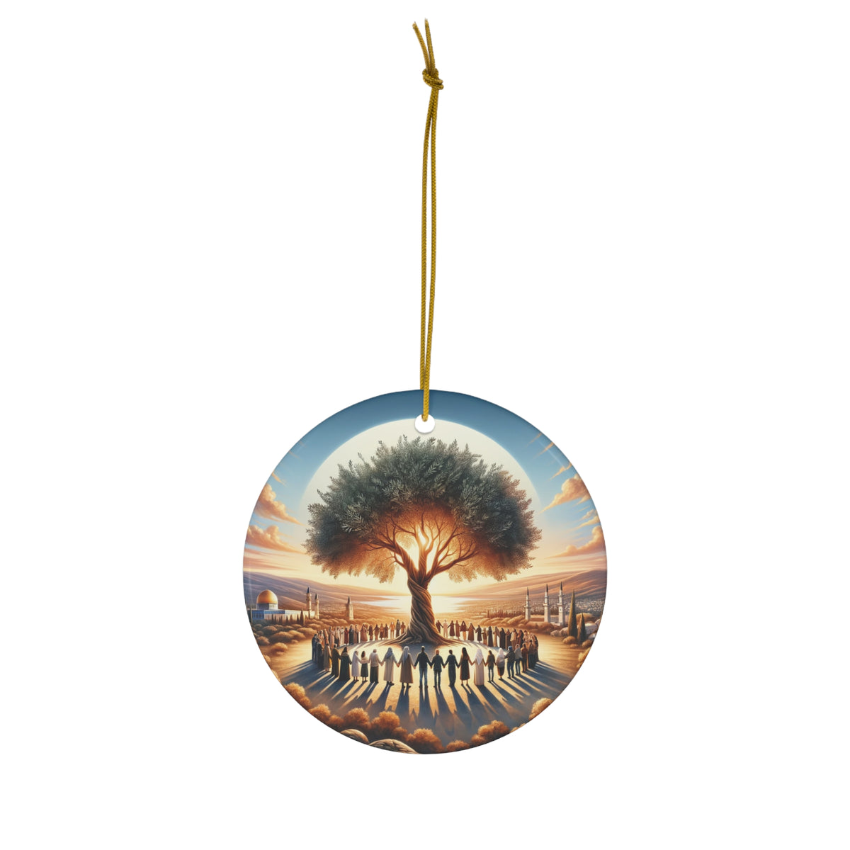 Hanging Ceramic Christmas Tree Ornament Charm with Gold String - Olive Branch of Unity, view 2