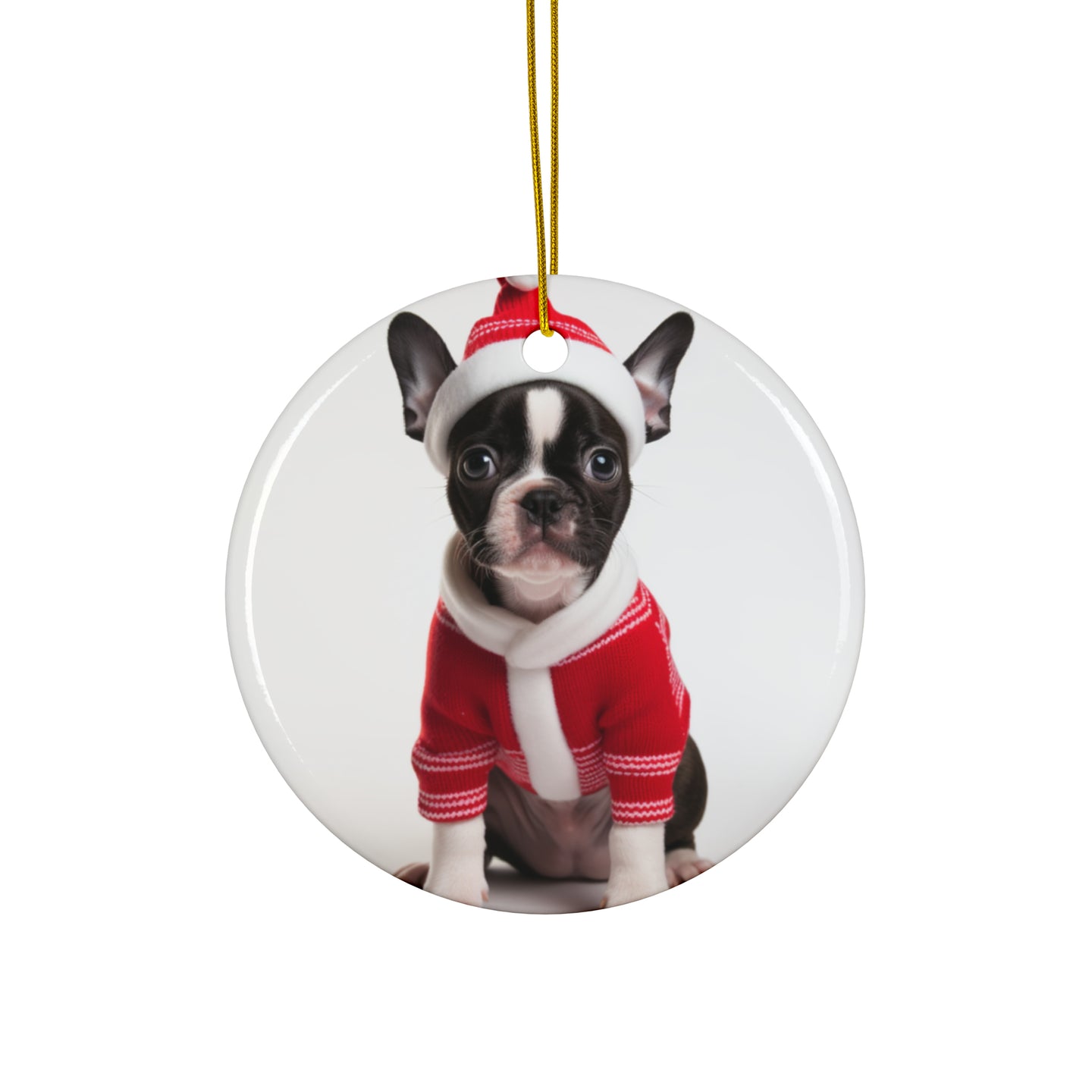 DistinctInk Hanging Ceramic Christmas Tree Ornament with Gold String - Great Gift/Present - 2 3/4 inch Diameter - Boston Terrier Puppy Design
