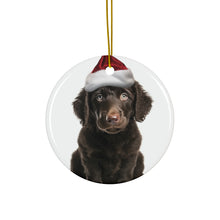 DistinctInk Hanging Ceramic Christmas Tree Ornament with Gold String - Great Gift/Present - 2 3/4 inch Diameter - Curly-Coated Retriever Puppy Design
