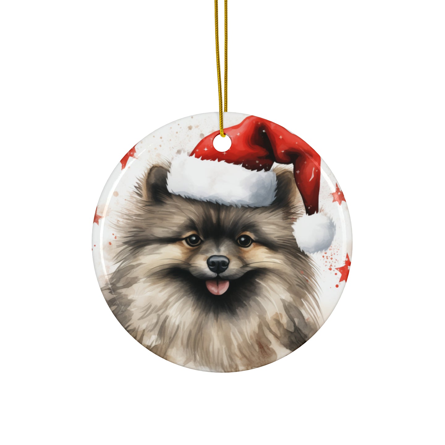 DistinctInk Hanging Ceramic Christmas Tree Ornament with Gold String - Great Gift/Present - 2 3/4 inch Diameter - Keeshonden Design