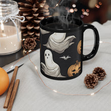 DistinctInk Black Coffee Mug - Skeletal Ghostly Pumpkin Patch for Halloween