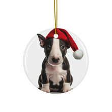 DistinctInk Hanging Ceramic Christmas Tree Ornament with Gold String - Great Gift/Present - 2 3/4 inch Diameter - Miniature Bull Terrier Puppy Design