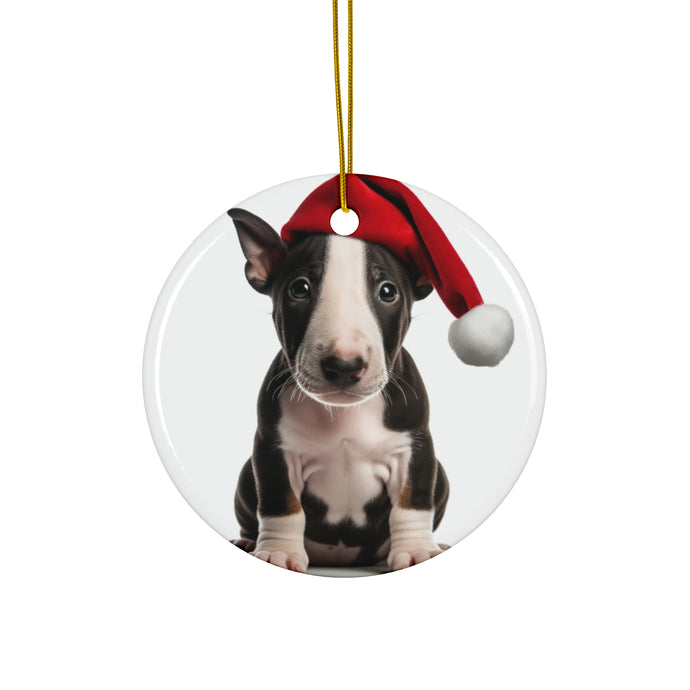 DistinctInk Hanging Ceramic Christmas Tree Ornament with Gold String - Great Gift/Present - 2 3/4 inch Diameter - Miniature Bull Terrier Puppy Design
