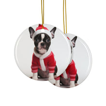 DistinctInk Hanging Ceramic Christmas Tree Ornament with Gold String - Great Gift/Present - 2 3/4 inch Diameter - Boston Terrier Puppy Design